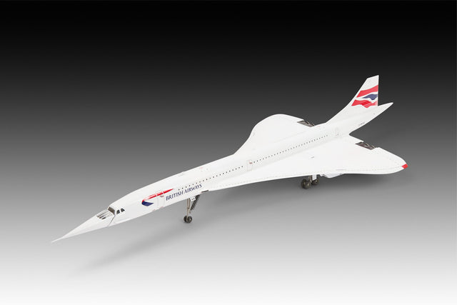 Built Revell 1:144 Concorde model in British Airways livery, side three-quarter view with undercarriage down