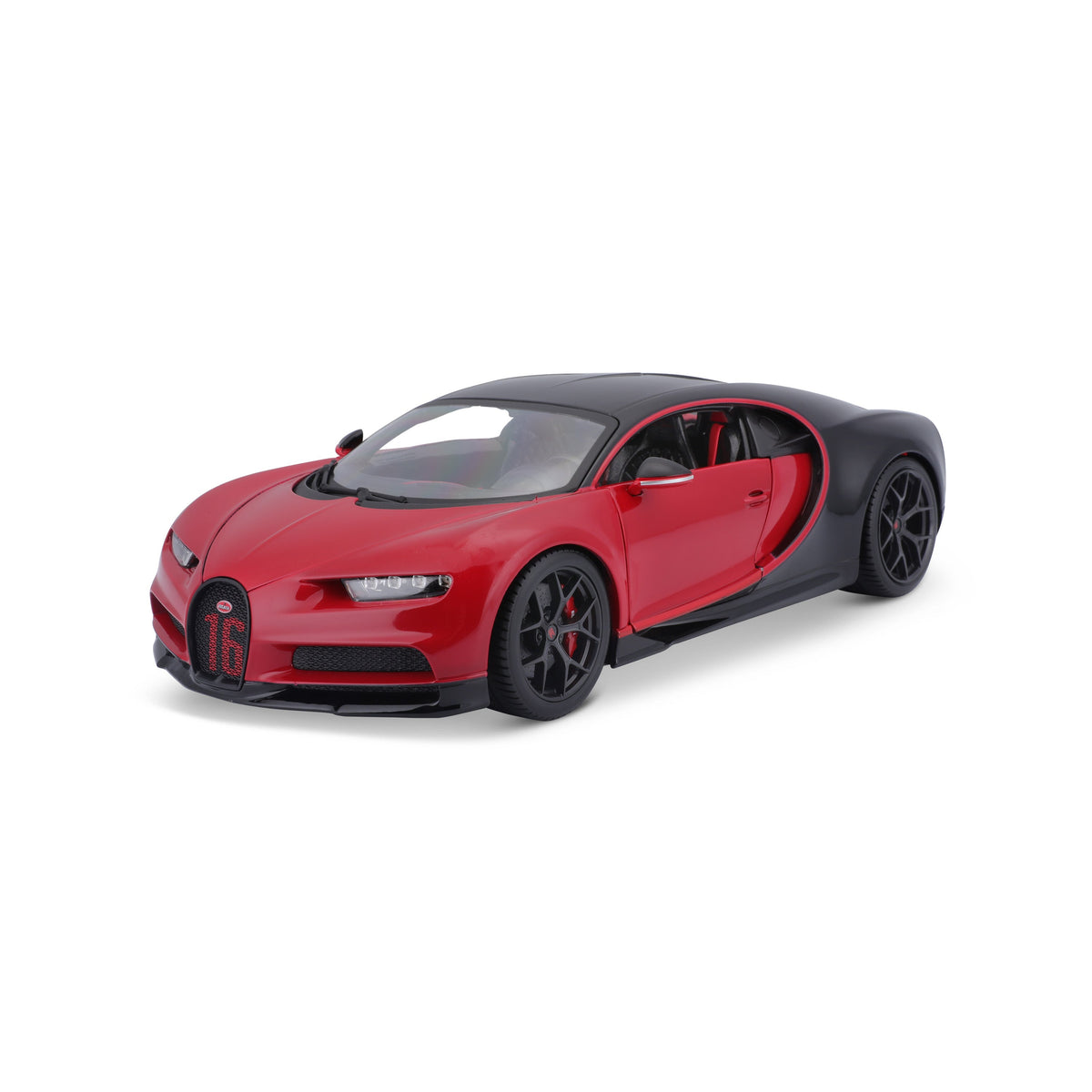 Bburago 1:18 Bugatti Chiron Sport die-cast model in red and black, front three-quarter view