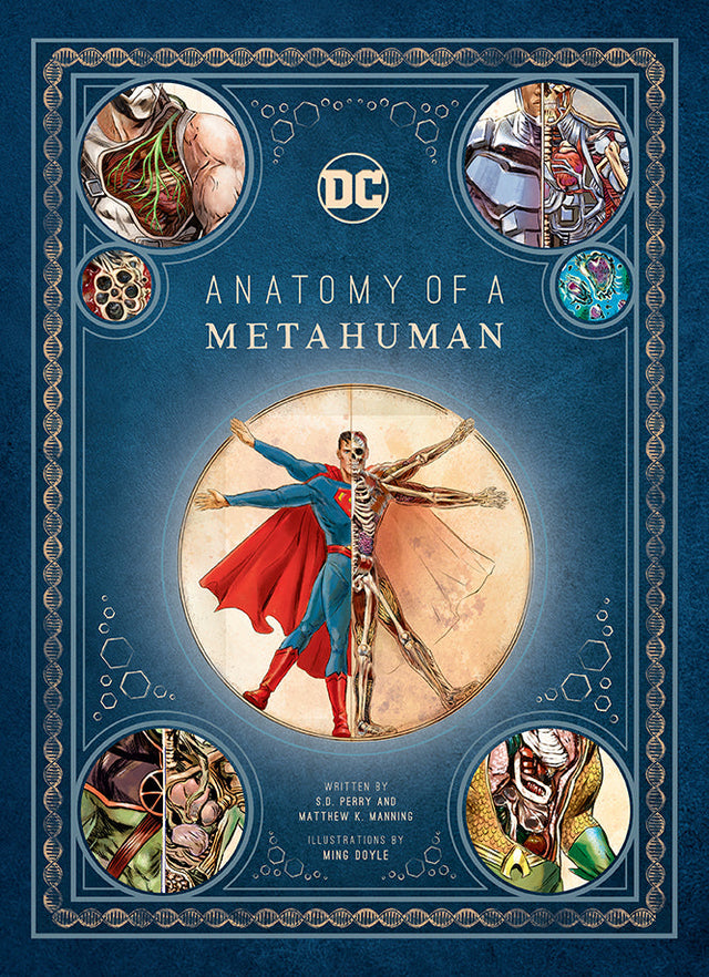 Front cover of DC Comics: Anatomy of a Metahuman showing an anatomical study of Superman in a decorative blue frame