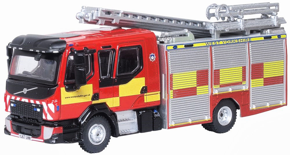 Oxford Diecast 1:76 Volvo FL Emergency One pump ladder in West Yorkshire Fire and Rescue Service livery, front three-quarter view