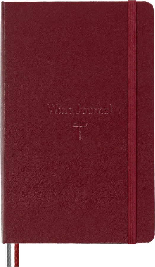 Moleskine Wine Passion Journal in burgundy, closed, with blind-embossed title and corkscrew motif