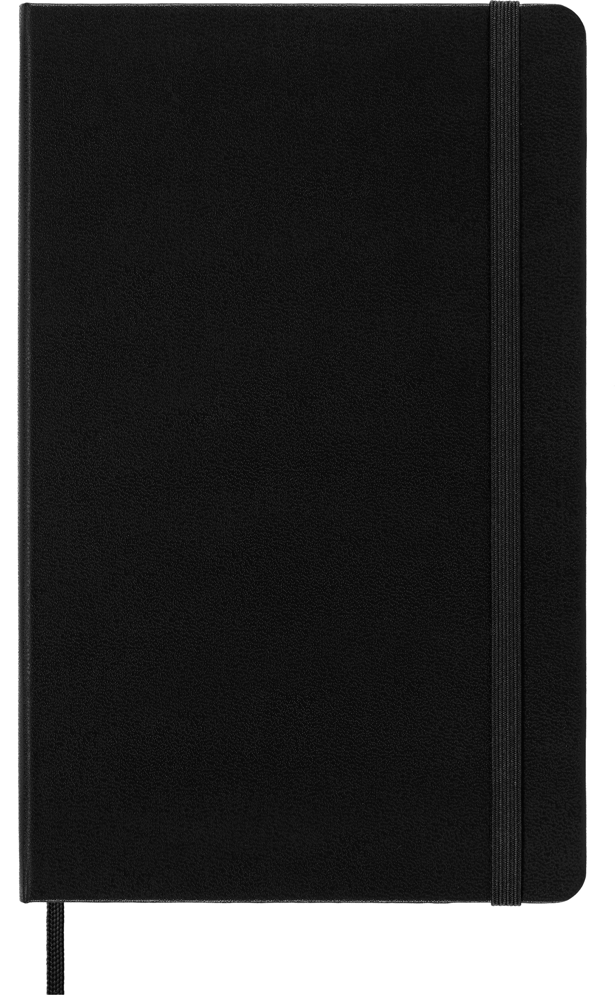 Moleskine Classic Large hardcover notebook in black, closed with its elastic band, shown front-on