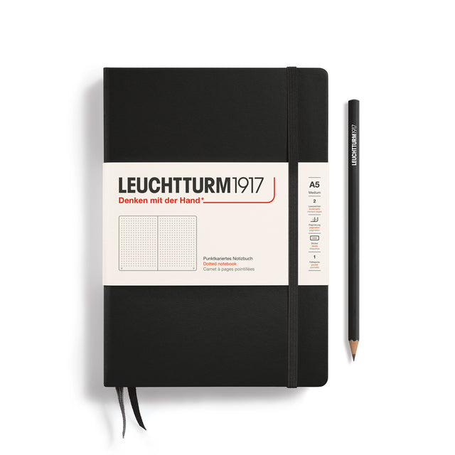 LEUCHTTURM1917 Medium A5 hardcover notebook in black with dotted-page paper band, shown flat on a white background