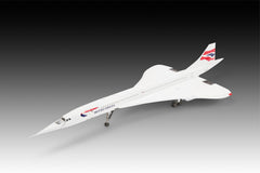 Built Revell 1:144 Concorde model in British Airways livery, side three-quarter view with undercarriage down