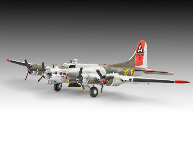 Built Revell 1:72 B-17G Flying Fortress model in natural metal finish, side three-quarter view