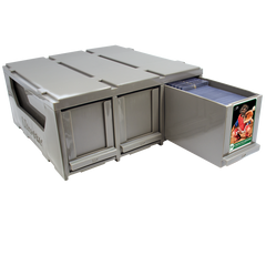 The three-drawer card organiser at an angle with one drawer pulled out