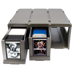 Overhead view of the organiser with two drawers open, showing cards and dividers inside