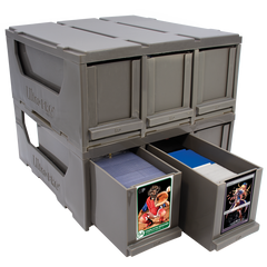 Two card organisers stacked on the recessed base, with drawers open on the lower unit