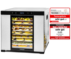 ROMMELSBACHER Dörrautomat DA 1000, XXL-Dörrfläche 1,6 m², inkl. 10 Edelstahl-Dörrtabletts, 2 Dörrgitter, 2 Dörrmatten, LED-Display, 24 Std. Zeitschaltuhr, Temperatur einstellbar (35 °C – 75 °C)