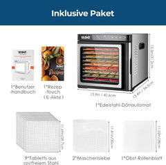 Edelstahl Dörrautomat, 1000W Dörrgerät für Obst und Gemüse mit LED-Anzeige, präziser Temperaturregelung (35-75°C), 48-Stunden-Timer, 9 Edelstahlschalen, 2 Maschensiebe, 1 Schale für Obstrollen
