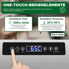 Kwasyo Dörrautomat Edelstahl DA 1000, XXL-Dörrfläche 1,8 m², Dörrgerät Temperatur einstellbar 30-90℃, LED-Display, 24 Std, BPA-frei, mit Rezeptheft, 10 Edelstahl-Dörrtabletts