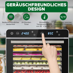 Kwasyo Dörrautomat Edelstahl Trockenkapazität 3,8 kg Rindfleisch, 0,67 m² Trockenfläche, 8 Edelstahl-Dörrtabletts (28x30 cm), 35-85°C Dörrgerät für Hundeleckerlis, Kräuter, Fleisch, Obst, Joghurt