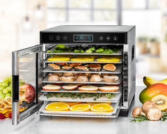ROMMELSBACHER Dörrautomat DA 1000, XXL-Dörrfläche 1,6 m², inkl. 10 Edelstahl-Dörrtabletts, 2 Dörrgitter, 2 Dörrmatten, LED-Display, 24 Std. Zeitschaltuhr, Temperatur einstellbar (35 °C – 75 °C)