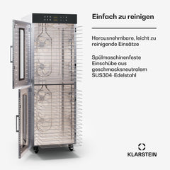 Klarstein Dörrautomat Edelstahl – 4.000-W-Dörrgerät, 48 Edelstahl-Einlegeböden, 30–90 °C, 24-Stunden-Timer, 6 Ventilatoren, 2 Trockenkammern, 50–55 dB, ideal für Obst, Gemüse, Fleisch, Kräuter, Silber
