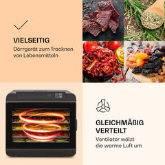 Klarstein Arizona Jerky Dörrautomat - Dörrgerät, Dehydrator, trocknet Obst, Fleisch und Früchte, 500 Watt, 35-70°C, 6 spülmaschinenfeste Einlagefächer, kurze Trockenzeit, Touch-Display, schwarz