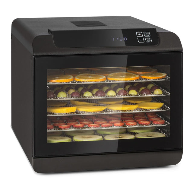 Klarstein Arizona Jerky Dörrautomat - Dörrgerät, Dehydrator, trocknet Obst, Fleisch und Früchte, 500 Watt, 35-70°C, 6 spülmaschinenfeste Einlagefächer, kurze Trockenzeit, Touch-Display, schwarz