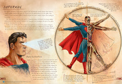 Interior spread showing a Vitruvian-style anatomical cross section of Superman with handwritten annotations