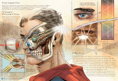 Interior spread dissecting Superman's telescopic, microscopic and x-ray vision in cutaway illustration