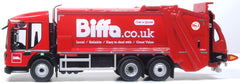 Nearside profile of the 1:76 Dennis Eagle Olympus refuse truck in red and white Biffa livery