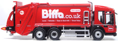 Offside profile of the Biffa refuse truck model showing the bin lift and body detail