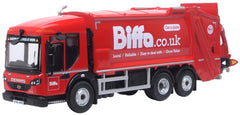 Oxford Diecast 1:76 Dennis Eagle Olympus refuse truck in Biffa livery, front three-quarter view