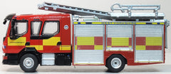 Nearside profile of the 1:76 Volvo FL pump ladder model in red with yellow and white markings
