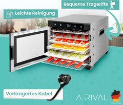A-rival Dehydrator, Stainless Steel Dehydrator, Touch Control, Professional Dehydrator Stainless Steel, 24 Hour Timer, 6 Drying Trays + 3 Drying Mats, BPA-Free, 35 °C to 75 °C, Quiet Operation, 360°