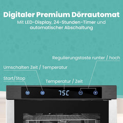 A-rival Dehydrator, Stainless Steel Dehydrator, Touch Control, Professional Dehydrator Stainless Steel, 24 Hour Timer, 6 Drying Trays + 3 Drying Mats, BPA-Free, 35 °C to 75 °C, Quiet Operation, 360°