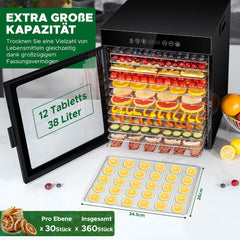 Kwasyo Dörrautomat Edelstahl, Dörrgerät 12 Etagen Ganz in Schwarz, 30-90℃ Temperaturregelung, 24 Stunden Timer, Rezeptheft für Fleisch Obst Gemüse Kräuter, 1000W, LT-09