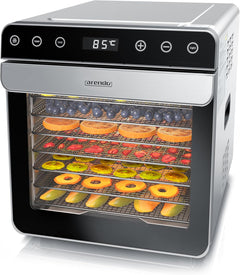 Arendo - Dörrautomat Edelstahl mit 8 Edelstahlgitter - 700 W - 35°-85°C - 8 Edelstahl Einlegetabletts mit insgesamt 6700 cm² - Dörrgerät Dehydrator Obsttrockner Dörrapparat - Obst Fleisch Pilze uvm