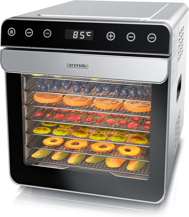 Arendo - Dörrautomat Edelstahl mit 8 Edelstahlgitter - 700 W - 35°-85°C - 8 Edelstahl Einlegetabletts mit insgesamt 6700 cm² - Dörrgerät Dehydrator Obsttrockner Dörrapparat - Obst Fleisch Pilze uvm