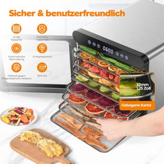 YASHE Stainless Steel Dehydrator with Digital Control (Temperature up to 75°C, Timer up to 48 Hours), 9 Trays Dehydrator for Fruit and Vegetables, Rear Fan for 360° Air Circulation, 800 W