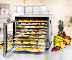 ROMMELSBACHER Dörrautomat DA 1000, XXL-Dörrfläche 1,6 m², inkl. 10 Edelstahl-Dörrtabletts, 2 Dörrgitter, 2 Dörrmatten, LED-Display, 24 Std. Zeitschaltuhr, Temperatur einstellbar (35 °C – 75 °C)