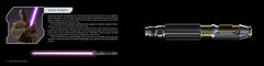 Interior spread of The Lightsaber Collection featuring Mace Windu's hilt and violet blade