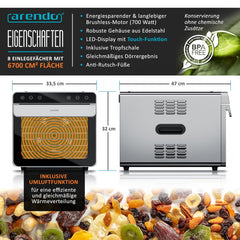 Arendo - Dörrautomat Edelstahl mit 8 Edelstahlgitter - 700 W - 35°-85°C - 8 Edelstahl Einlegetabletts mit insgesamt 6700 cm² - Dörrgerät Dehydrator Obsttrockner Dörrapparat - Obst Fleisch Pilze uvm