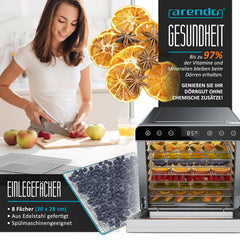 Arendo - Dörrautomat Edelstahl mit 8 Edelstahlgitter - 700 W - 35°-85°C - 8 Edelstahl Einlegetabletts mit insgesamt 6700 cm² - Dörrgerät Dehydrator Obsttrockner Dörrapparat - Obst Fleisch Pilze uvm