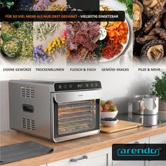 Arendo - Dörrautomat Edelstahl mit 8 Edelstahlgitter - 700 W - 35°-85°C - 8 Edelstahl Einlegetabletts mit insgesamt 6700 cm² - Dörrgerät Dehydrator Obsttrockner Dörrapparat - Obst Fleisch Pilze uvm