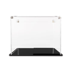Wicked Brick premium acrylic display case for a 4-inch vinyl figure, front view showing the crystal-clear back plate on a gloss black base