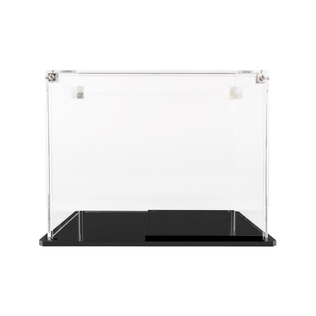 Wicked Brick premium acrylic display case for a 4-inch vinyl figure, front view showing the crystal-clear back plate on a gloss black base