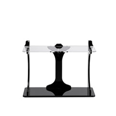 Front view of the two-tier acrylic display shelf with gloss black stems and clear shelves