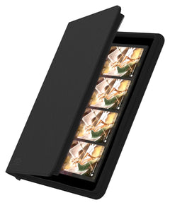 Card binder part-open with the zip undone, showing cards held in the side-loading pockets