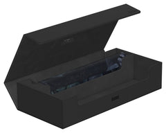 The card storage case open with a rolled playmat stored in the long compartment