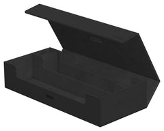 Open black card storage case showing the microfibre-lined interior and lid