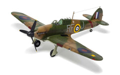 Built Airfix 1:48 Hawker Hurricane Mk.I model in brown and green RAF camouflage, three-quarter front view