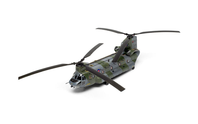 Built Airfix 1:72 Boeing Chinook HC.1 model in RAF green and grey camouflage, three-quarter front view