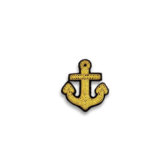 Macon & Lesquoy gold anchor lapel pin hand-embroidered in bullion thread, photographed on a plain white background