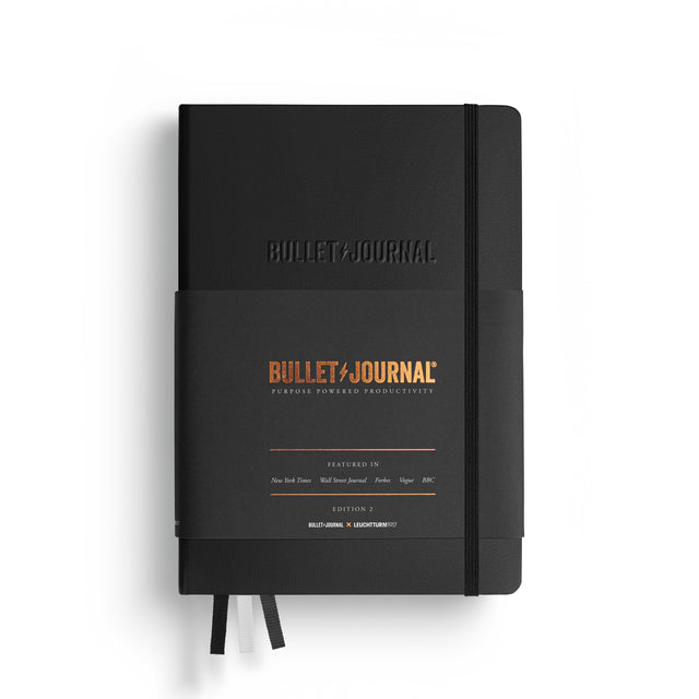 LEUCHTTURM1917 Bullet Journal Edition 2 in black, A5 hardcover with printed paper band, shown on a white background