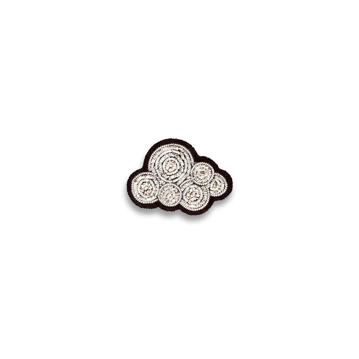 Macon & Lesquoy cumulus cloud lapel pin hand-embroidered in coiled silver thread, photographed on a plain white background