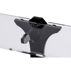 Detail of the locking connector where the vertical stem meets the clear acrylic shelf