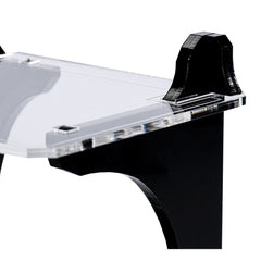 Close-up of the shelf edge showing the clear acrylic shelf and gloss black upright